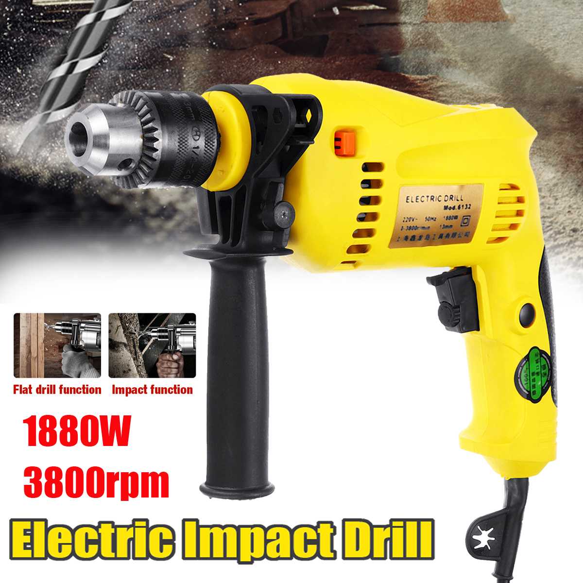 Drillpro 1880W Brushless Motor 13MM Electric Impact Drill Handheld Hammer Drill Impact Drill Multifunction Torque Driver Tool