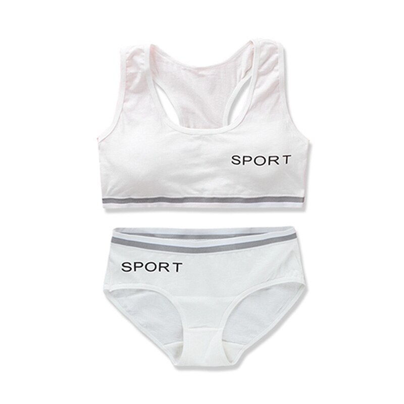 Wireless Girls Bras Panties Sets Cotton Underwear Sets Teenage Sports Training Bra 8-14Y Puberty Student Camisole Vest Panties: White Underwear Set