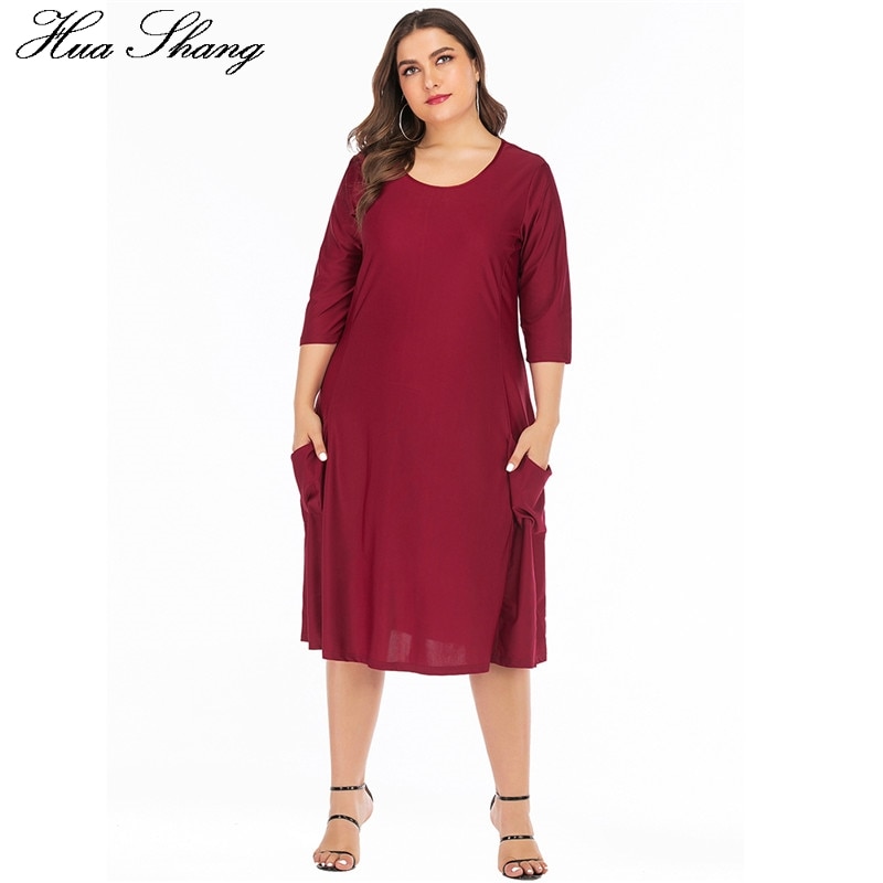 5xl 6xl plus size løs oversize kjole kvinder sommer o-hals trekvart ærmer solid afslappet kjole lommer dame tunika kjoler