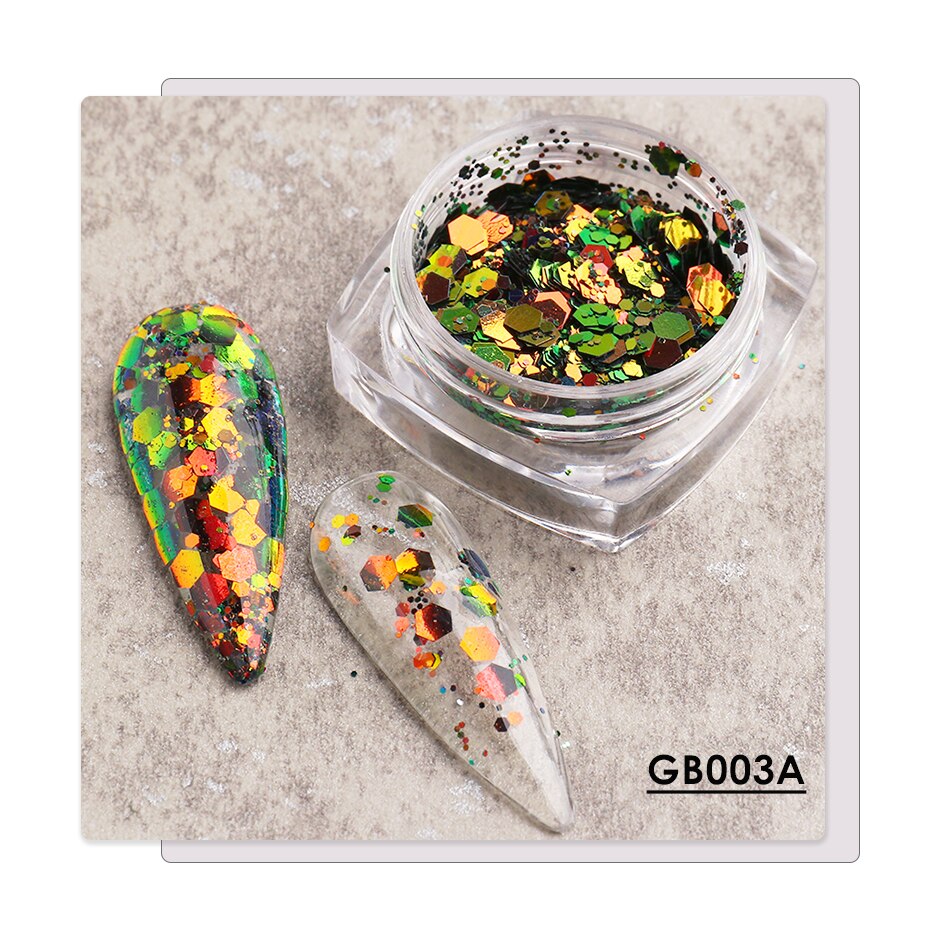 1 caja de Paillettes de uñas camaleón 3D, lentejuelas brillantes de sirena, lagarto, lentejuelas brillantes, arte de uñas hexagonales, decoraciones para manicura BE1904: GB003A