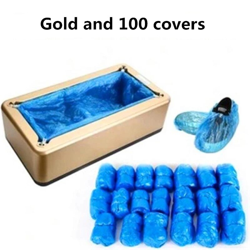 Automatic Shoes Cover Dispenser Household Stepping Disposable Booties Maker Anti Droplet Dust Machine Shoe Cover For Home Office: Gold and 100 covers