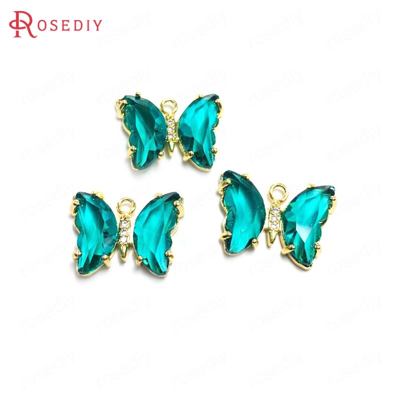 Breloques papillon en laiton, Zircon et verre, 15x20MM 24K, couleur Champagne or, pendentifs, fournitures pour la fabrication de bijoux, résultats de bricolage, 10 pièces