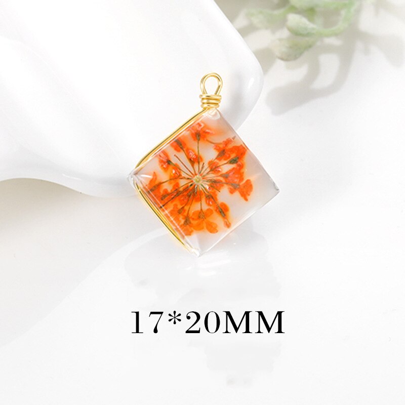 6PCS 16x21MM 24K Gold Color Brass and Glass with Dried Flowers Square Charms Pendants Diy Jewelry Findings: Orange Color