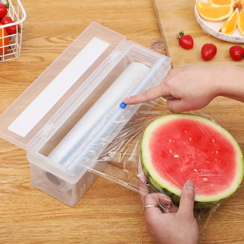 Alimentos de cozinha clingfilm cortador plástico caixa de corte ajustável cling film cortador preservação folha caixa de armazenamento com fundo sucção