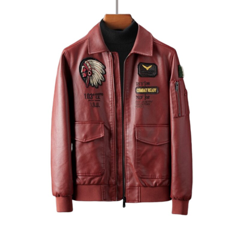 Brand Embroidery Chaqueta Cuero Hombre Zipper Pockets PU Leather Jacket Men Indian Avatar Slim Fit Biker Jackets Coats: Brick Red / XXL