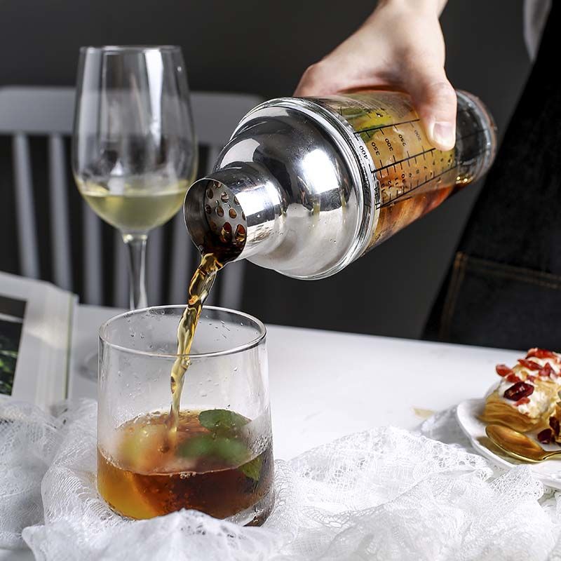 350ml Glass Cocktail Shaker Mixer Cocktail Whisks Glass Cup Set with Measurement Stainless Steel Bar Tools
