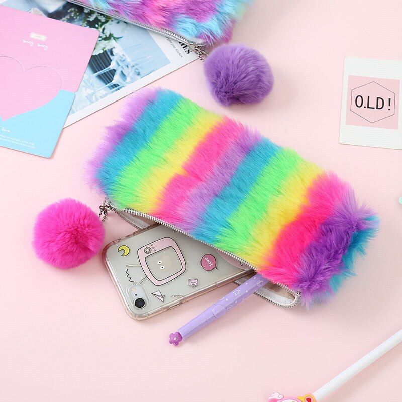 VOGVIGO Plush Rainbow Day Clutches Pencil Case for Students Mobile Pen Bags Stationery Pouch Box School Handbags Supplies