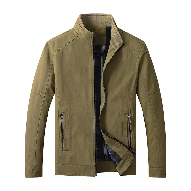 2025 herren-freizeitjacken für frühling und herbst, 100%  baumwollmäntel, business-windjacken, herrenoberteile mit stehkragen, herrenbekleidung: Xxl / Khaki