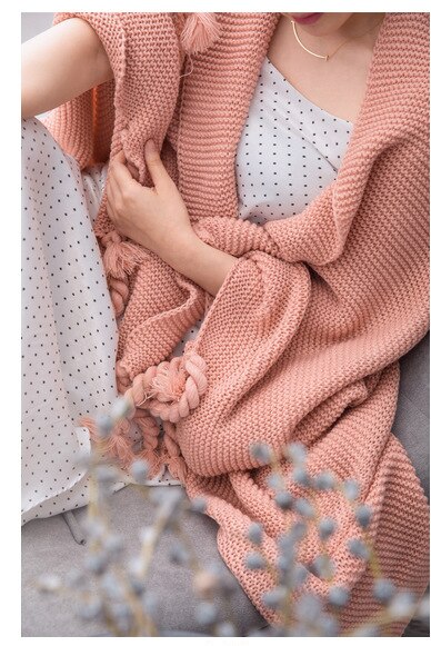 Effen Kleuren Nordic Zachte Kwastje Reizen Stoel Couch Draad Dekens Thuis Textiel 130X170Cm Beddengoed Sofa Gebreide Gooi deken: pink