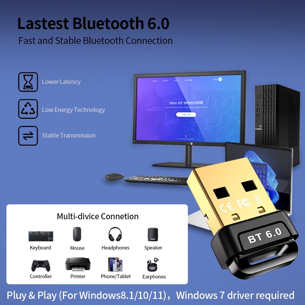 USB Bluetooth Adapter Bluetooth 6.0 5.4 Dongle Bluetooth Receiver & Transmitter for Bluetooth Keyboard/Mouse/Headphone/Speaker