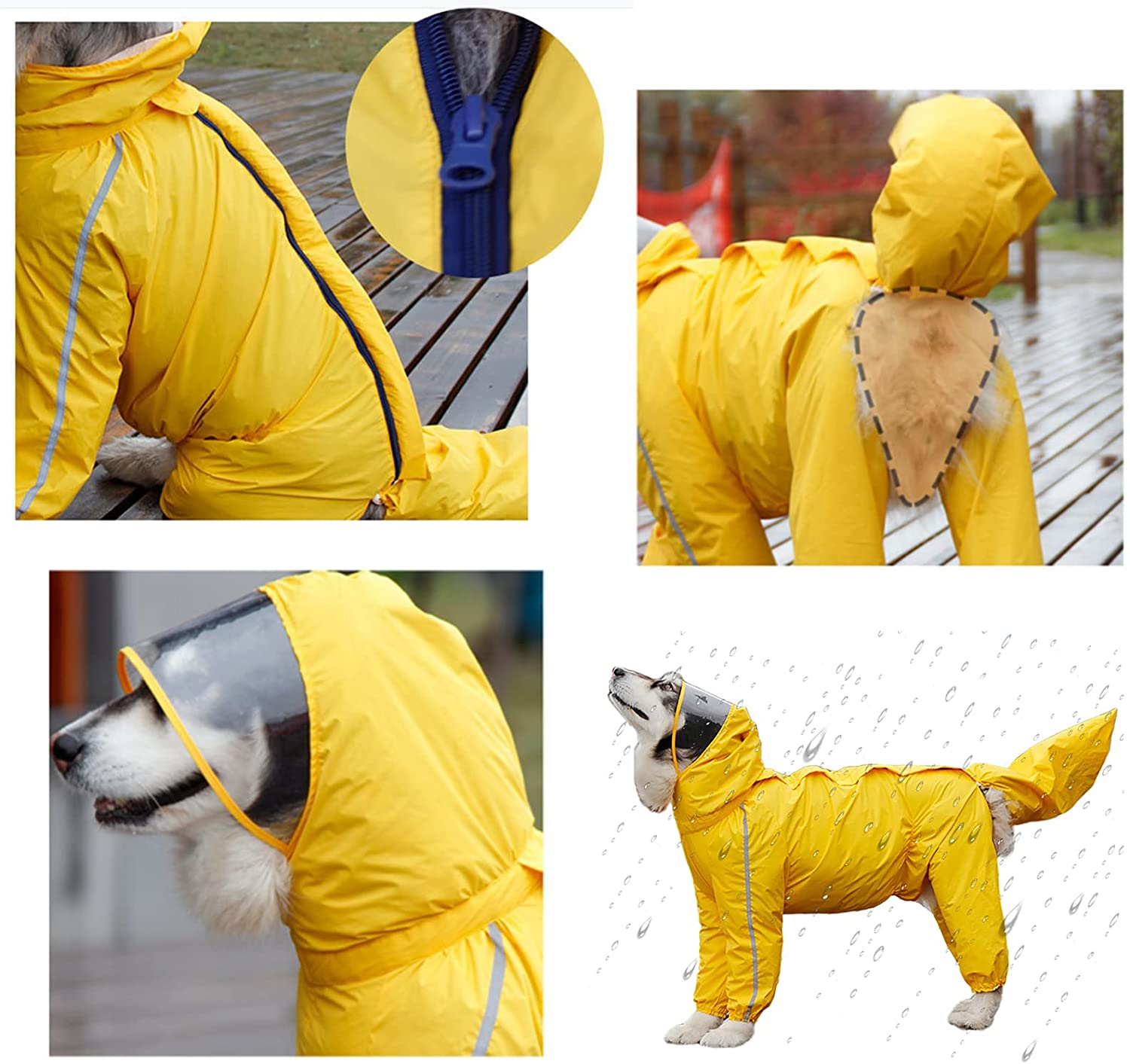Dog Raincoat, Waterproof Jacket with Hood, Full Body Coverage Dog Rain Coats，Reflective Removable Tail Cover, Transparent Brim