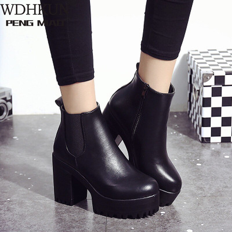 Chelsea Boots Female Leather Women Boots Thick Heels Ankle Boots For Women Round Toe Winter Shoes Women Flat Platform Boots