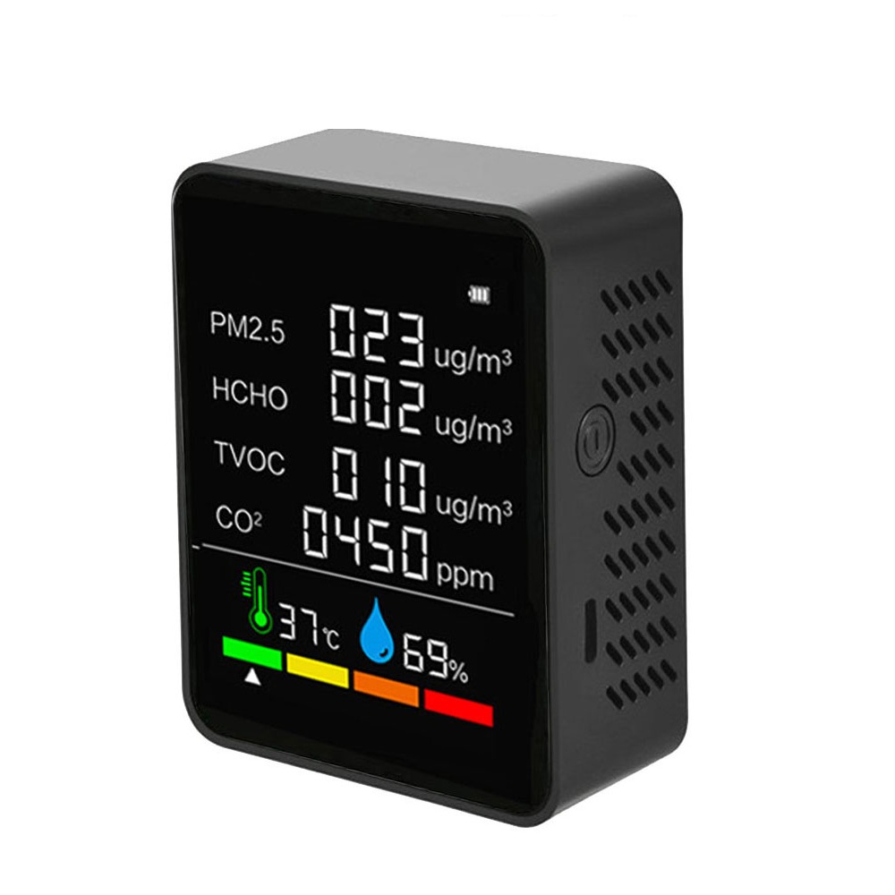 Multifunctionele 6 In 1 CO2 Meter Digitale Temperatuur Vochtigheid Tester Kooldioxide Tvoc Hcho PM2.5 Detector Luchtkwaliteit Monitor: 6 in 1 Black