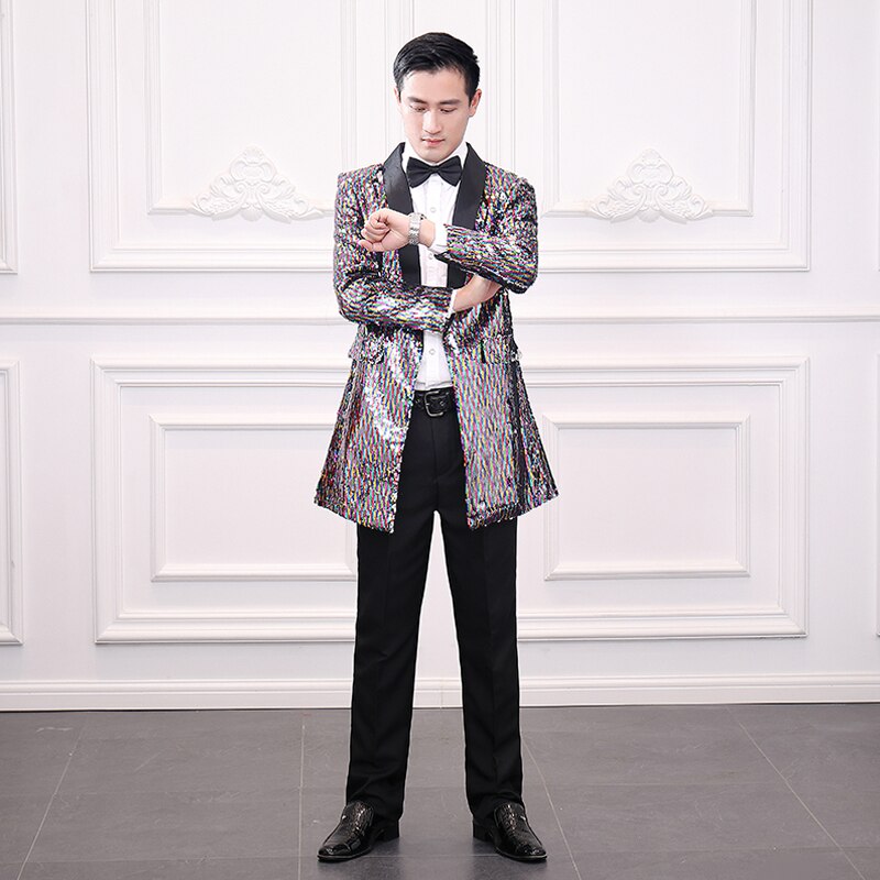 Men's Casual Jacket Trendy Long Colorful Sequins Color-changing Buttonless Shawl Collar Windbreaker Club Party Clothing
