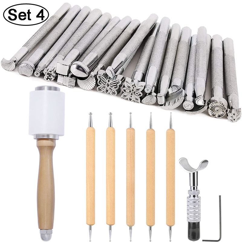 LMDZ Leather Craft Tools Kit Stitching Stamping Embossing Punch Saddle Groover Carving Hammer Set For Leather Working: Set 4 (27pcs)