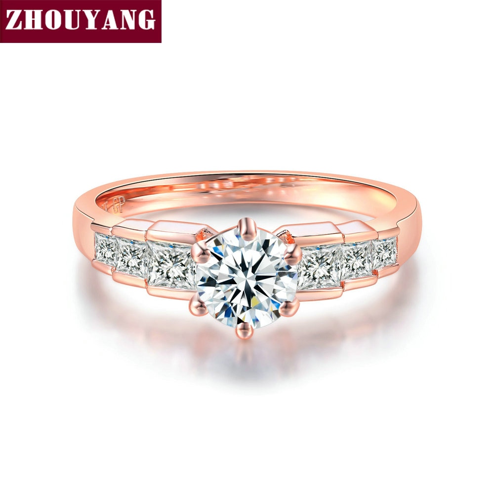 Zhouyang Wedding Ring Voor Vrouwen Rose Goud Kleur Zes Klauw Zirconia Ronde Cut Engagement Party Mode-sieraden R680