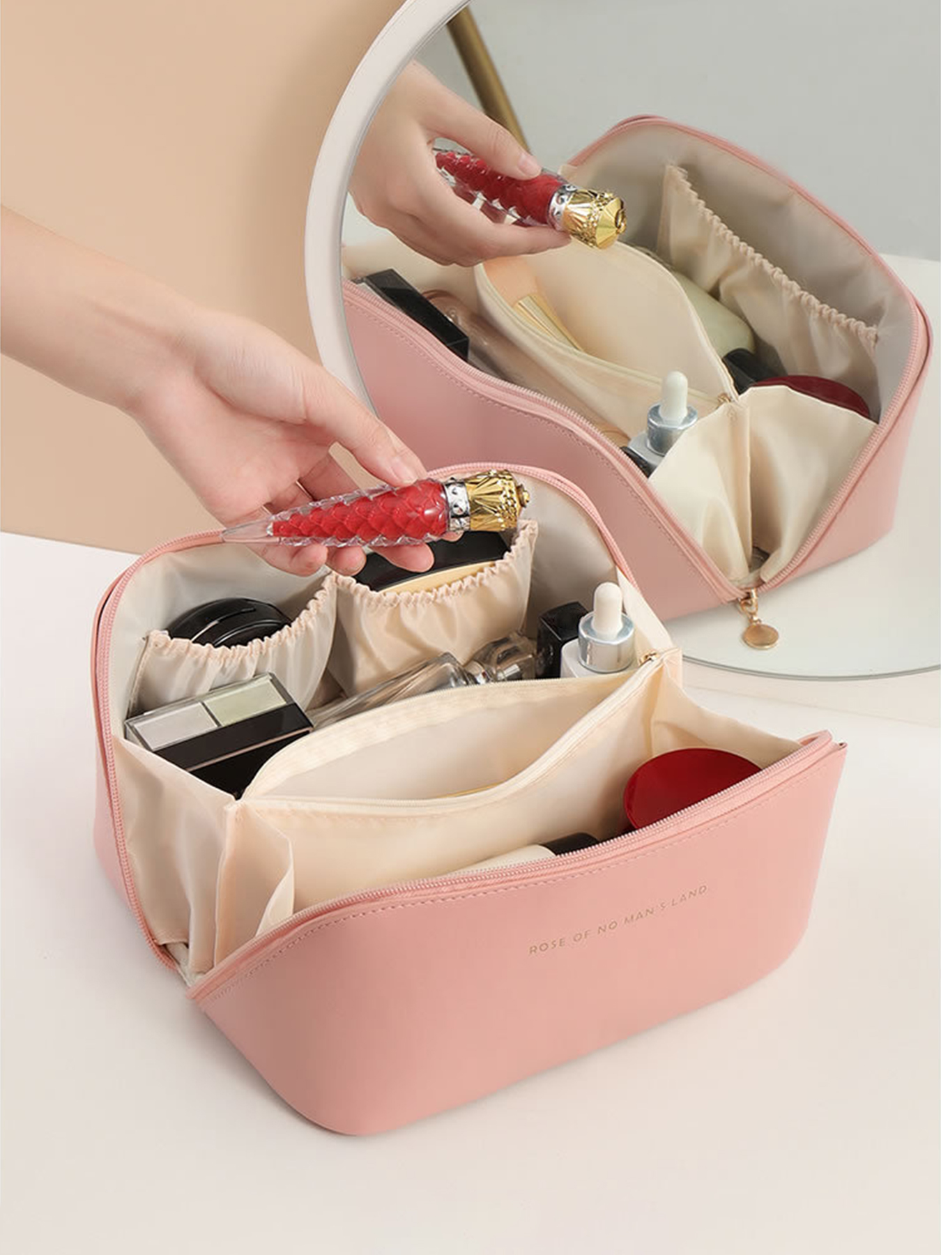 Travel Makeup Bag,Large Capacity Cosmetic Bags for Women,Waterproof Portable Pouch Open Flat Toiletry Bag Make up Organizer with