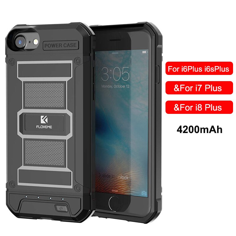 FLOVEME Battery Charger Case For iPhone 6 6s 7 8 Plus Power Bank Case Portable External Backup Charging Case Cover 3000/4200mAh: Black For Plus