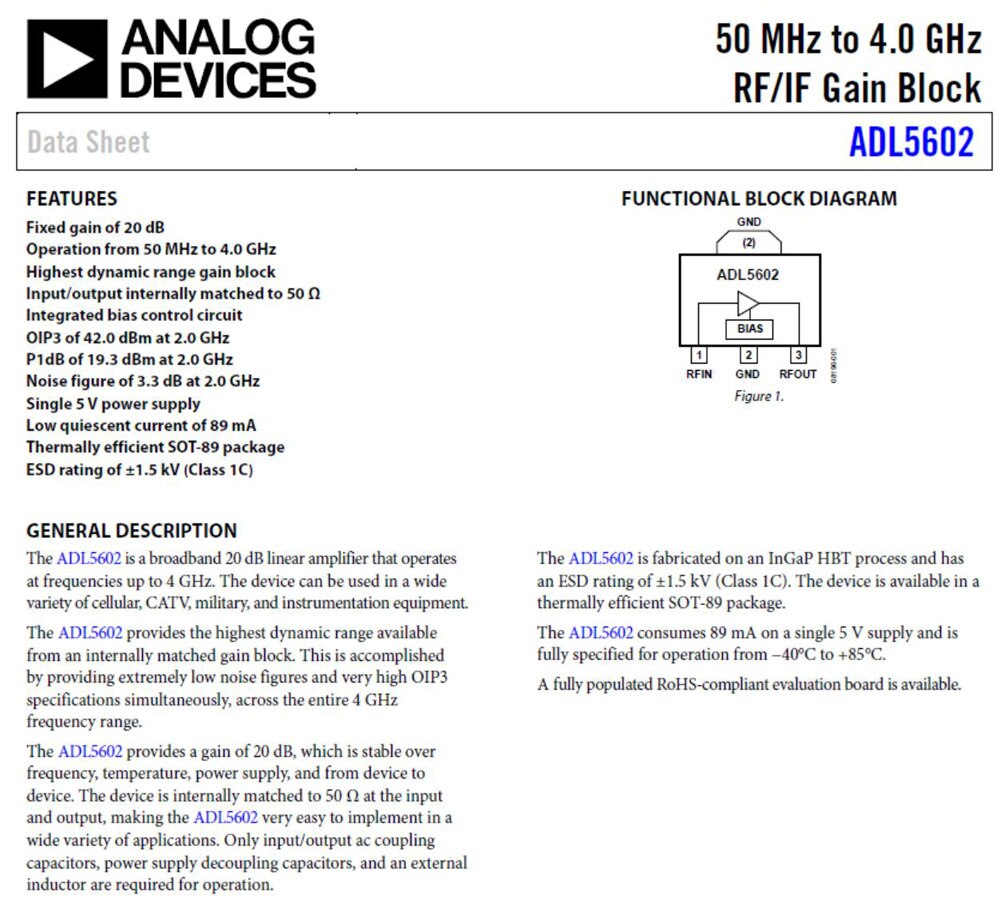 ADL5602 50MHz to 4.0 GHz Wideband 20dB gain RF Linear Amplifier for Ham Radio Cellular TV