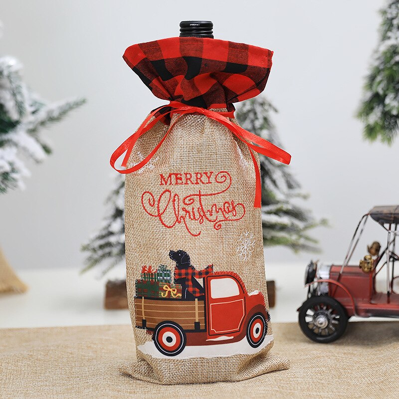 1Pc noël Plaid lin voiture motif vin bouteille couverture maison Champagne stockage cordon sac: Tractor