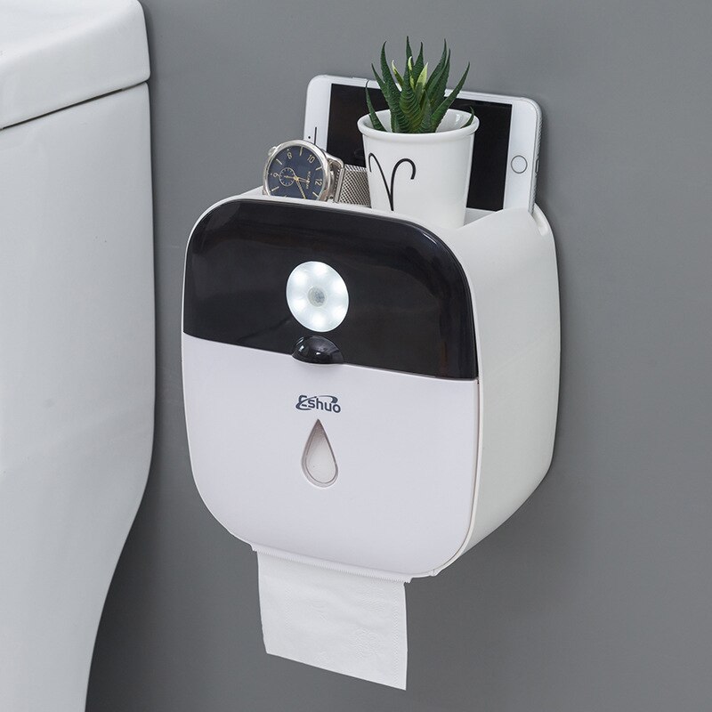 Wall Mounted Waterproof Tissue Holder Box With Human Intelligent Sensor Lamp Bathroom Paper Towel Holder For Phone Storage Box: Black(Sensor Light)