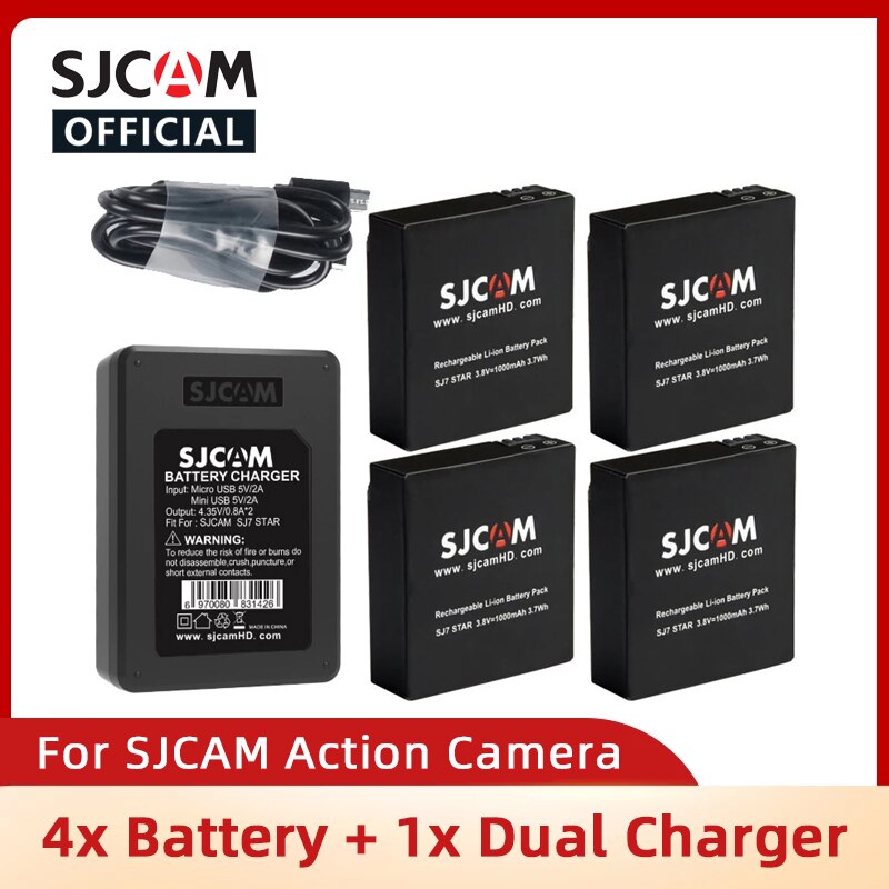 Originele SJCAM 4x Batterij En 1x Dual Charger Voor SJCAM SJ4000 SJ5000 SJ5000X M10 M20 SJ6 SJ7 SJ8 Pro SJ9 SJ10 PRO SJ10X Actie Camera