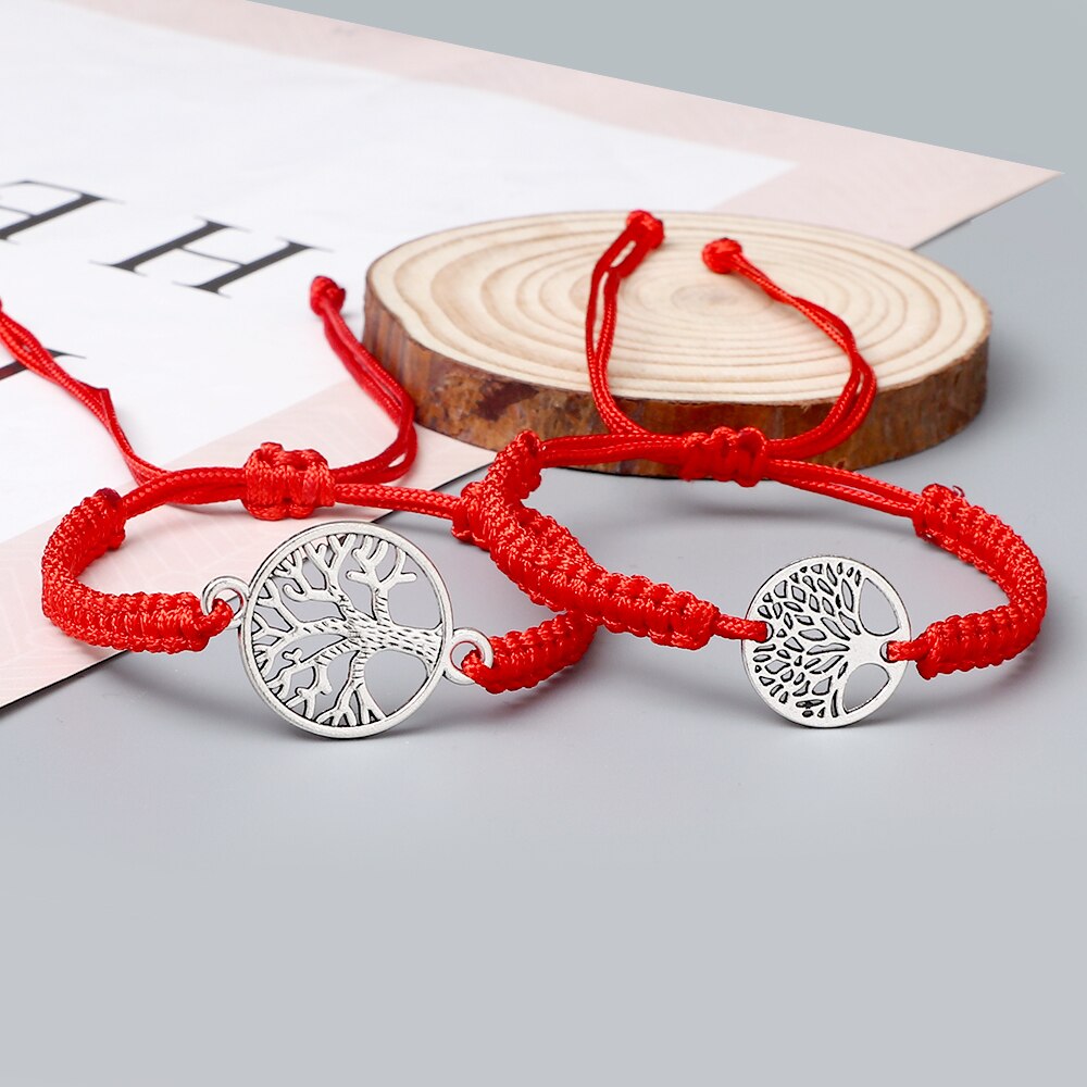 2 pçs/set vermelho preto vida árvore fio pulseira masculino tecido trançado ajustável tibetano budista pulseira feminino amante jóias presente
