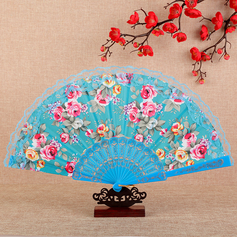 Vintage Flower Pattern Folding Fans Bronzing Wood Silk Plastic Hand Fans With Lace Ribbon Edge Dance Wedding Party Prop
