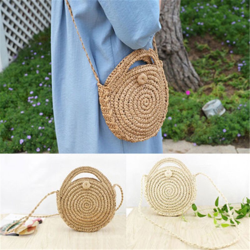 Sac rond tissé à la main en rotin cercle pour femmes, sacoche en paille de pour plage