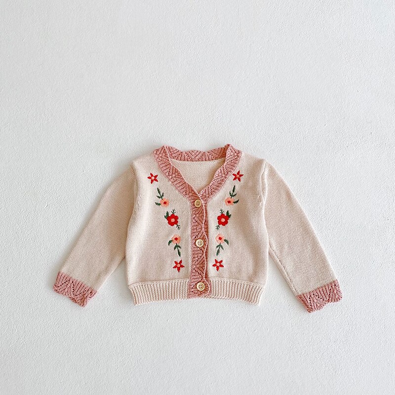 0-36M Herfst Winter Baby Meisje Gebreide Trui Vest Bloem Geborduurd Kinderen Jas Lange Mouwen Top baby Meisje Kleding: Beige / 6-12M 73cm