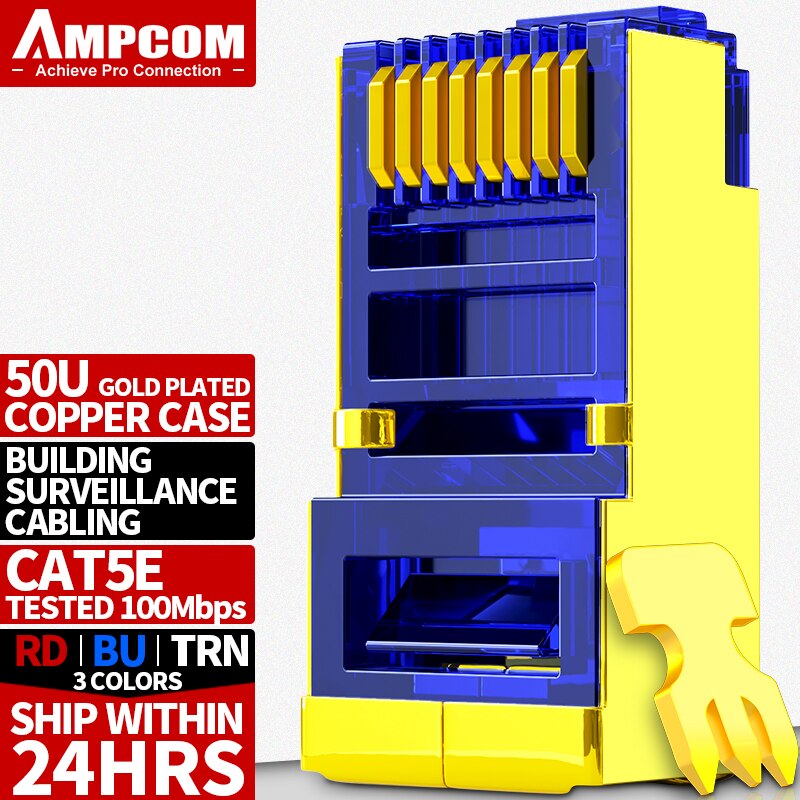 AMPCOM Shielded RJ45 CAT5E Connector Modular Plug Connector 8P8C Crimp End Ethernet Cable Ethernet Connector Gold-Plated 50U: Blue / 10-Pack