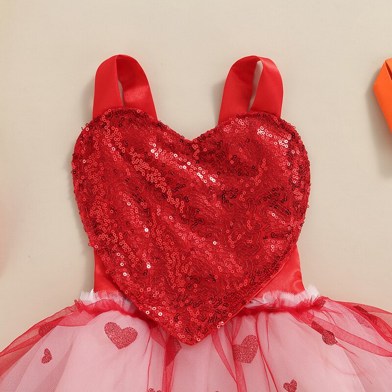 Infant Baby Girls Valentine's Day Romper Dress Suspender Sequin Love-Heart Open Back Bodysuit with Layered Tutu Mesh Skirt
