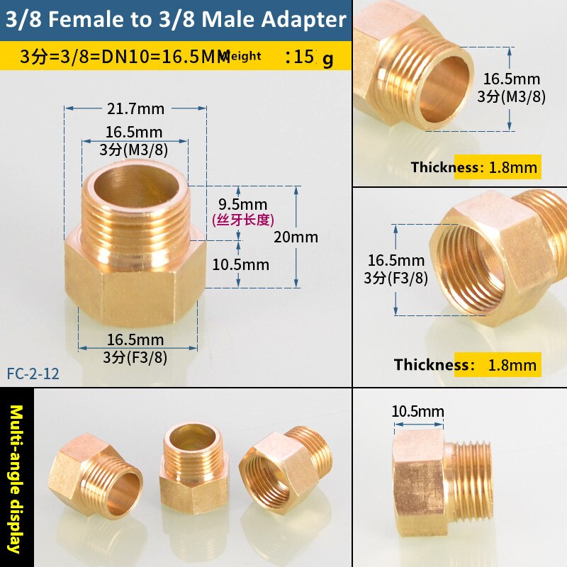 Brass 1/8 1/4 3/8 Female to Male Threaded Hex Bushing Reducer Copper Pipe Fitting Water Gas Adapter Coupler Connector: 3l8F to 3l8M
