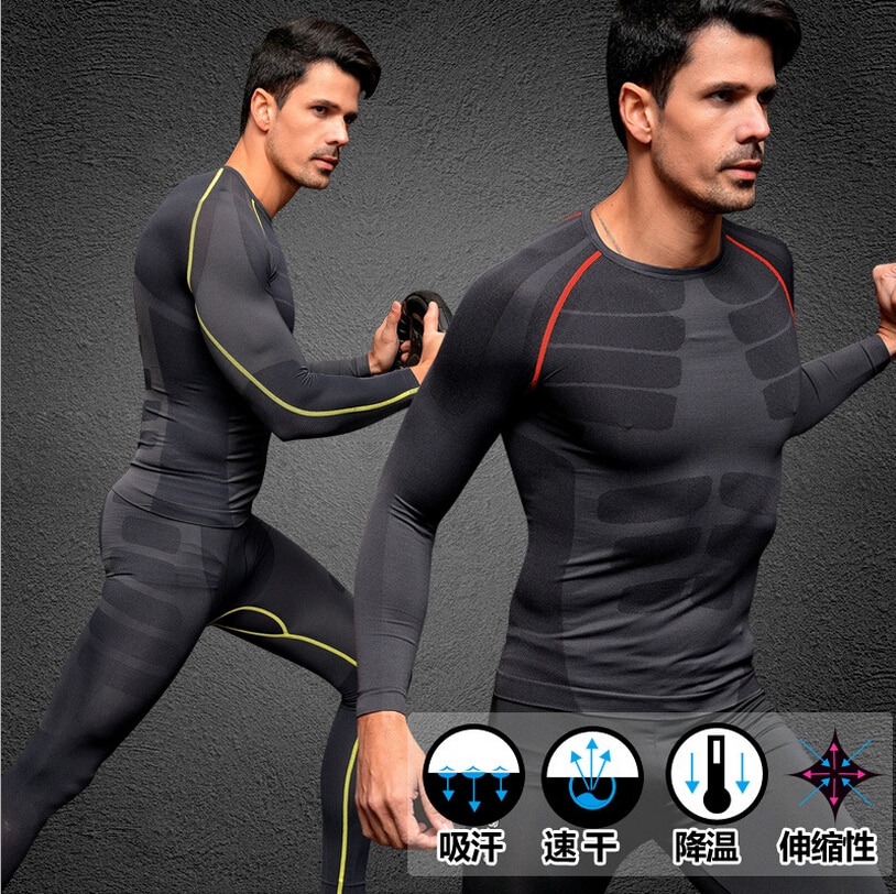 Men's quick-drying sport long sleeve sport pants clothes Long Johns compression Underwear slim corset 1 set=tops + pants