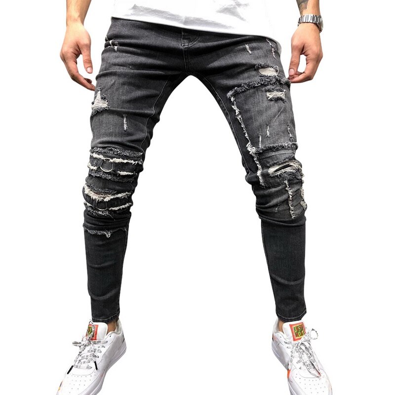 Nueva Slim Fit apretado agujero Vaqueros Hombre Vaqueros Skinny botón pantalones de pitillo vaqueros de talla grande otoño Pantalones Hombre: L