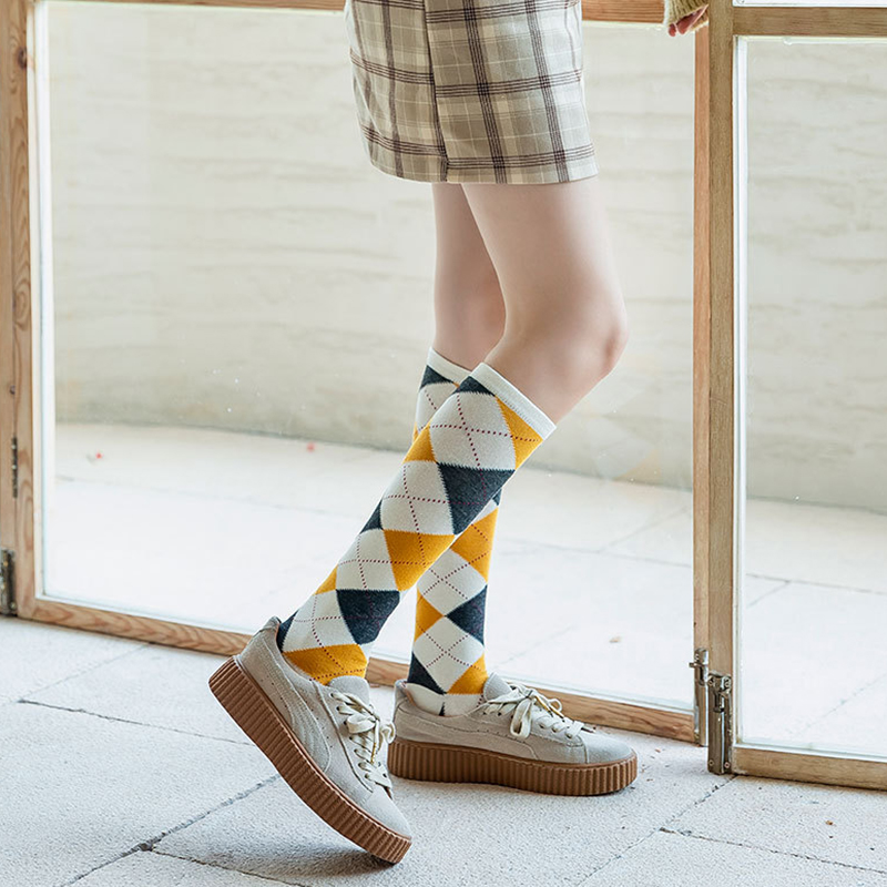 Diamond plaid pattern Green Knee socks women ins Party knee-high stockings Over Knee long ladies girls: Diamond D1
