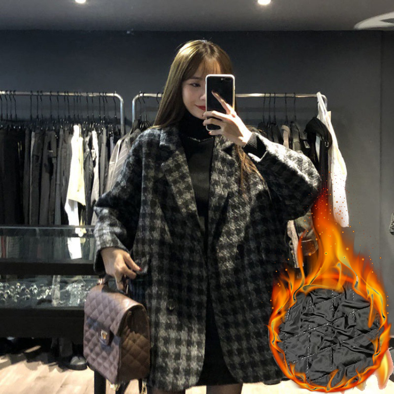 Casacos de inverno Vintage Houndstooth feminino, sobretudo com mistura de lã solta, peito duplo, jaqueta grossa luxuosa, quente, outono: S / Marrom