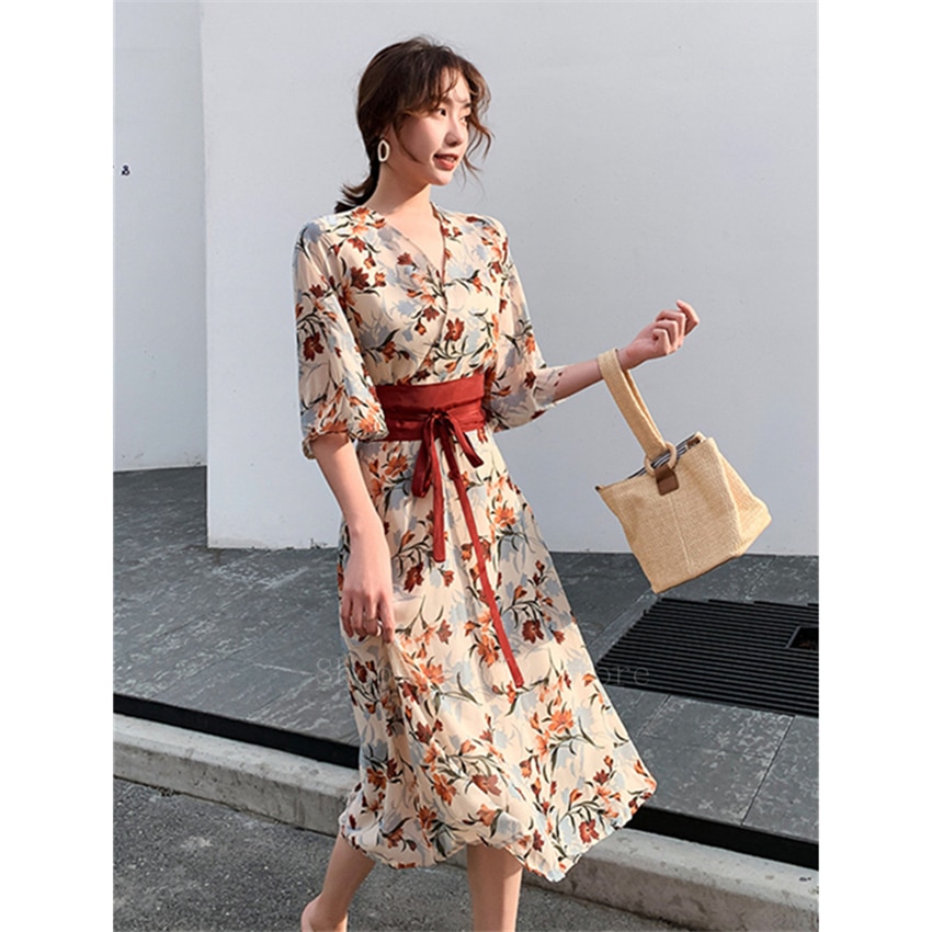 Vestido de estilo japonés con estampado de flores para mujer, ropa de calle femenina, estilo informal, Retro, Harajuku, Yukata, Obi