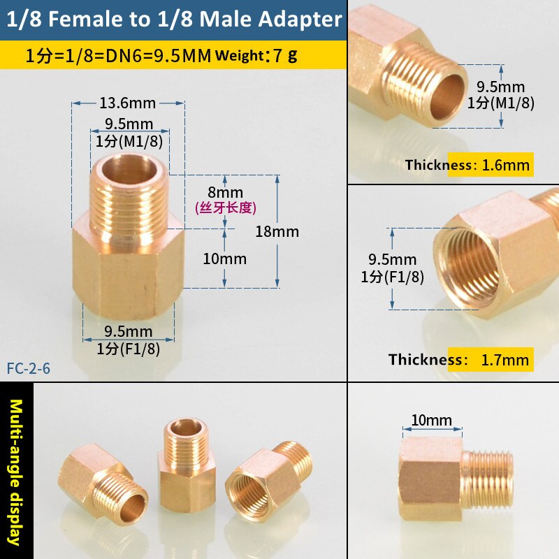 Brass 1/8 1/4 3/8 Female to Male Threaded Hex Bushing Reducer Copper Pipe Fitting Water Gas Adapter Coupler Connector: 1l8F to 1l8M