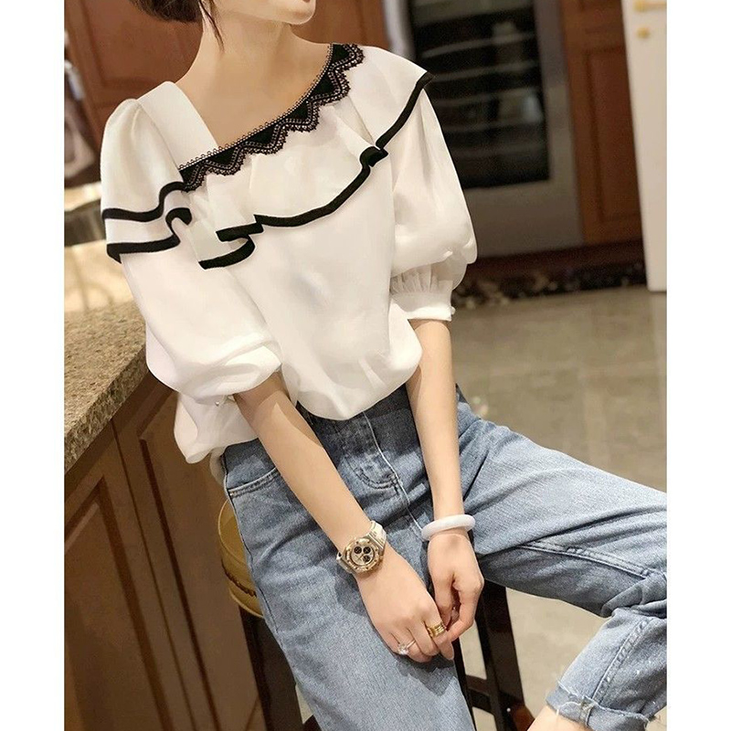 Blusa holgada de estilo coreano para mujer, camisa informal con cuello Diagonal, volantes, encaje, Patchwork, , primavera y verano, novedad: L / Verde