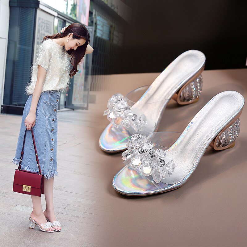 PVC Jelly Sandals Women Crystal Peep Toe High Heels shoes Crystal Transparent Heel Sandals Slippers Pumps Women Shoes
