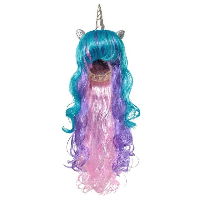 Bandeau de Cosplay licorne pour filles, perruques de princesse pour enfants, accessoires tenues fantaisie, tresse arc-en-ciel, cheveux synthétiques: Unicorn Wig 02