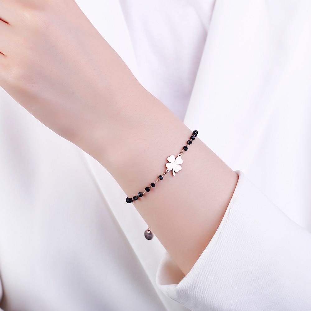 Or Rose trèfle acier inoxydable Bracelets porte-bonheur femmes noir cristal perles chaîne Bracelet bijoux De Joyas De Mujer