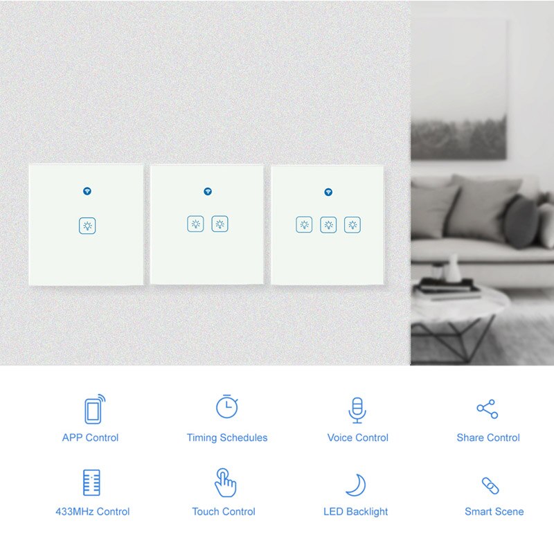 EWeLink-interruptor inteligente con Wifi para el hogar, enchufe de pared con Panel de luz táctil de 433Mhz, inalámbrico, Control por voz, funciona con Google home y Alexa