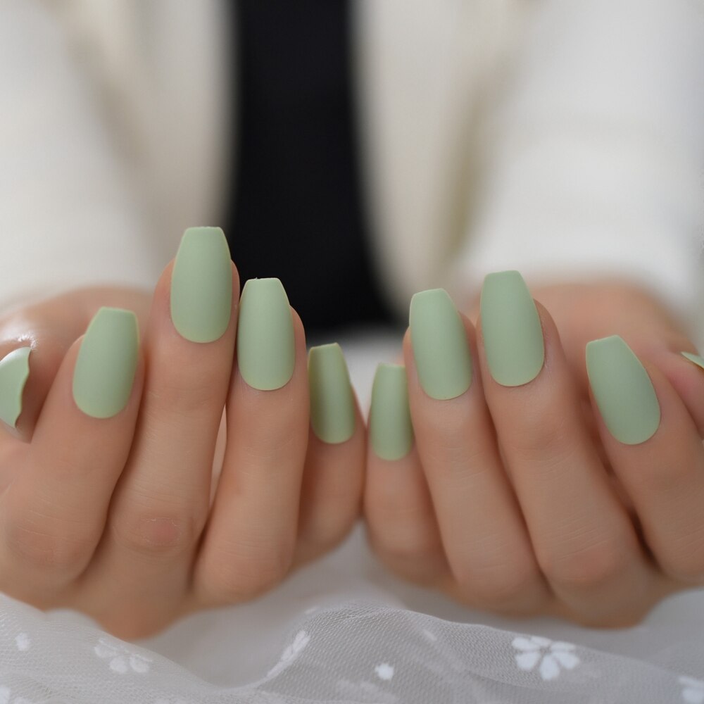 Uñas postizas instantáneas esmeriladas, uñas artísticas cuadradas verdes mate, DIY, puntas de uñas artificiales de medio-largo para mujer a elegir: L5524