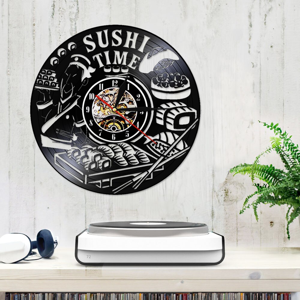 Sushi Time Antique Wall Clock Japanese Dish Foodie Vinyl Record Clock Sashimi Asian Restaurant Wall Roll Clock Sign Gourmet