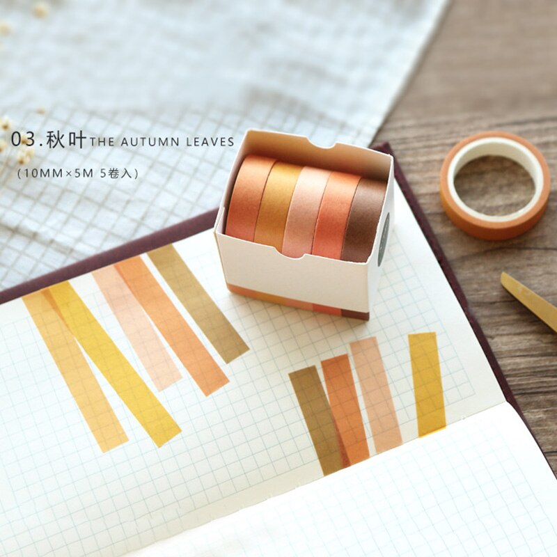 5pcs /set Adhesive Masking Scrapbooking Sticker Washi Tape Solid Rainbow colors: The autumn leaves