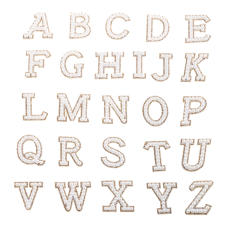 26 PCS Iron on Letters Patches Applique Sew on Patches Rhinestone Pearls Letter A-Z Patch Alphabet Embroidered Patches DIY Name