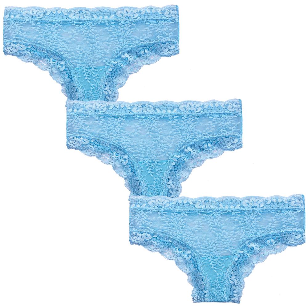 3Pcs Lace Hipster Plus Size Underwear Women Panties Light Blue Seamless Comfort Bielizna Damska Ropa Interior Femenina: M