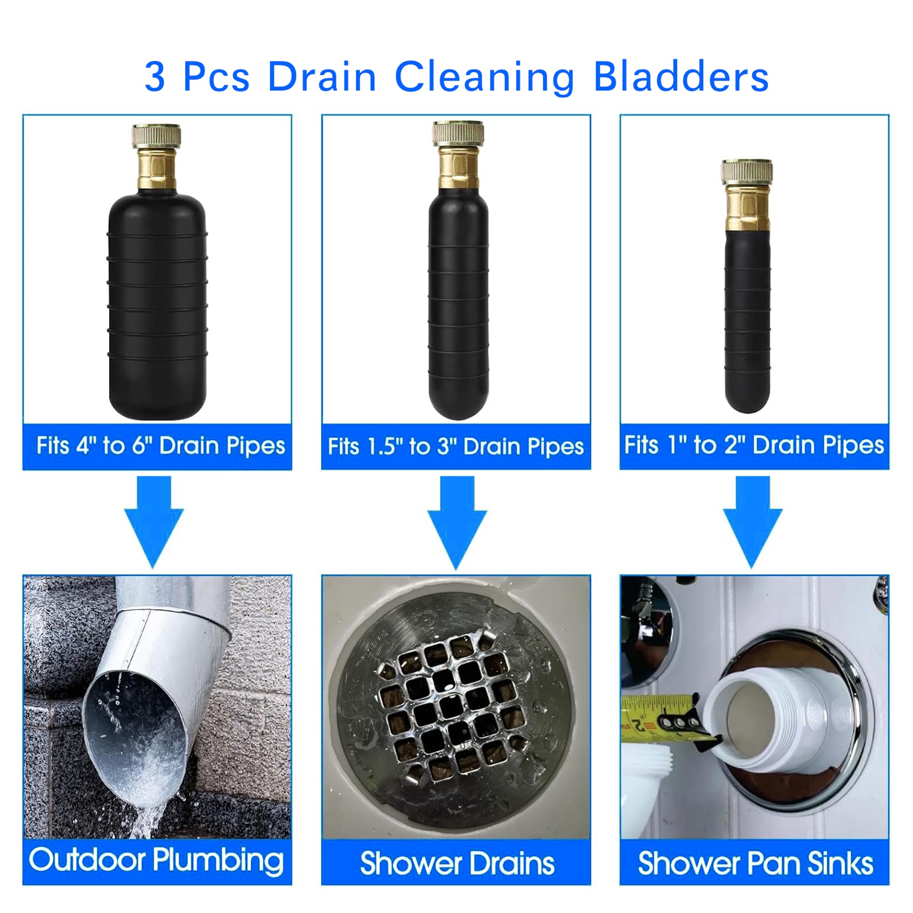 3 Pcs Rubber Drain Bladder Unclog Tool for 1" To 6" Pipes Bathroom Sink Shower Drain Cleaner Kitchen Plumbing Hair Clog Remover